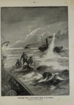 1917 - alter Druck - Holländische Marine birgt treibende Minen in der Nordsee (Zeichnung von Jos. Gaber)